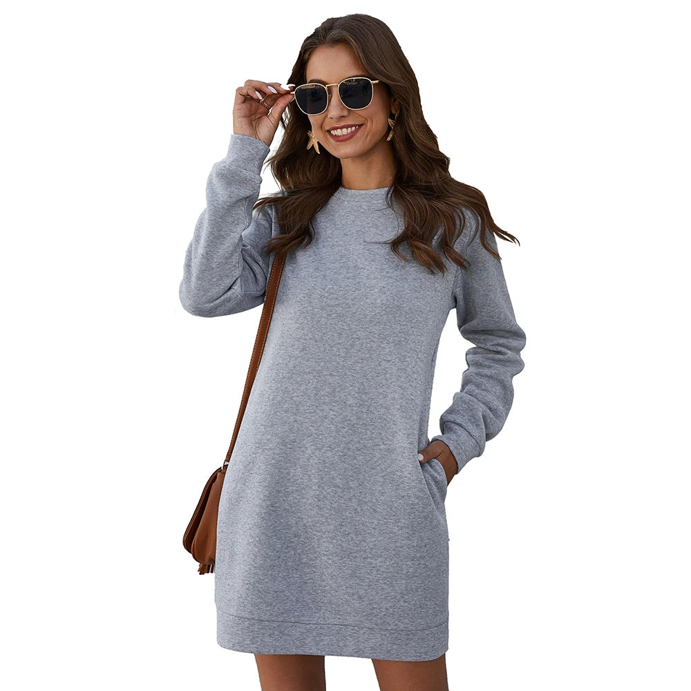 Autumn Winter Mini Dress Casual Solid O Neck Long Sleeve Basic Female Fashion Warm Short Dresses Vestidos Mujer New 2022