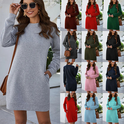 Autumn Winter Mini Dress Casual Solid O Neck Long Sleeve Basic Female Fashion Warm Short Dresses Vestidos Mujer New 2022