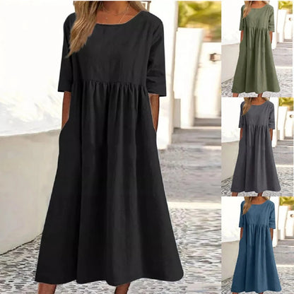 Vintage Linen Casual Half Sleeve Women Long Dress