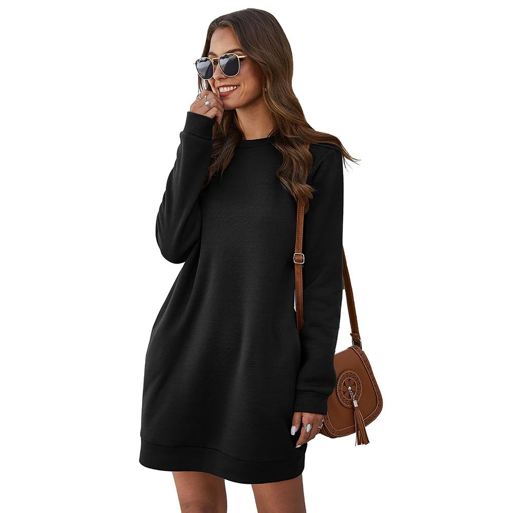 Autumn Winter Mini Dress Casual Solid O Neck Long Sleeve Basic Female Fashion Warm Short Dresses Vestidos Mujer New 2022