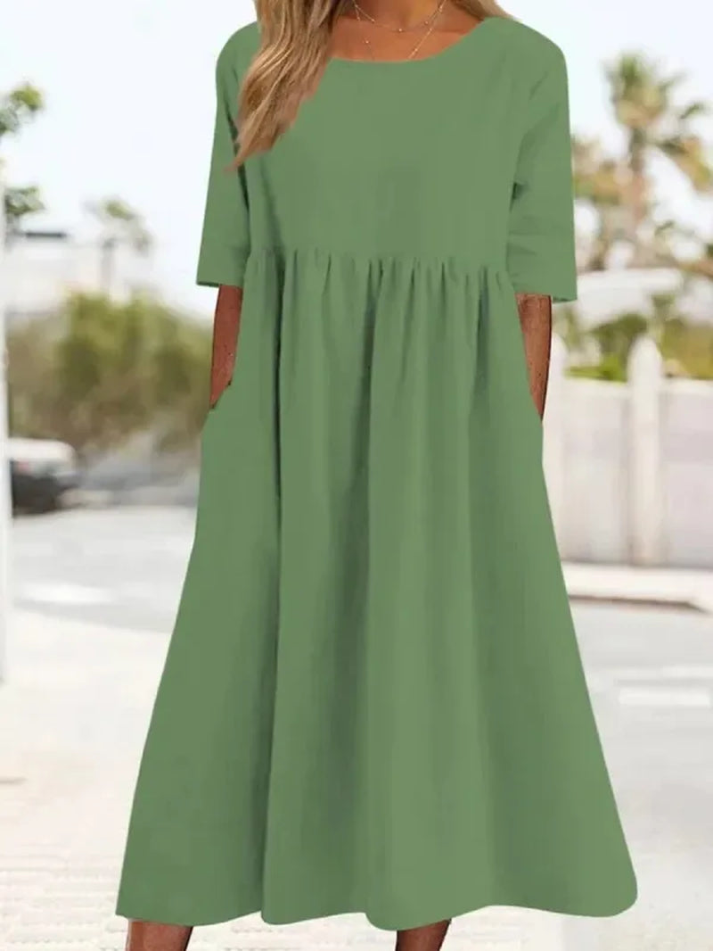 Vintage Linen Casual Half Sleeve Women Long Dress