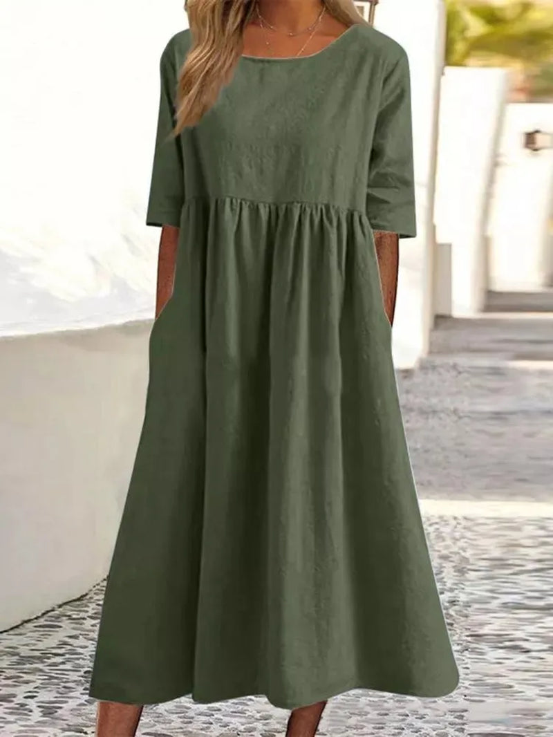 Vintage Linen Casual Half Sleeve Women Long Dress