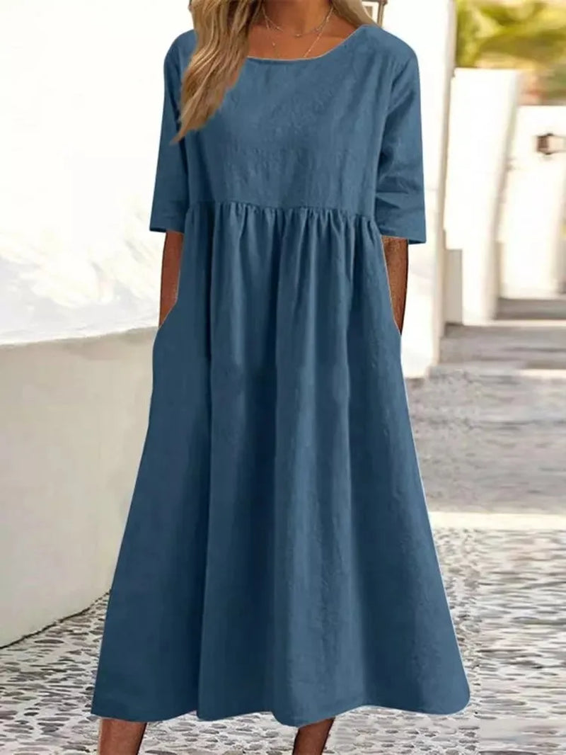 Vintage Linen Casual Half Sleeve Women Long Dress