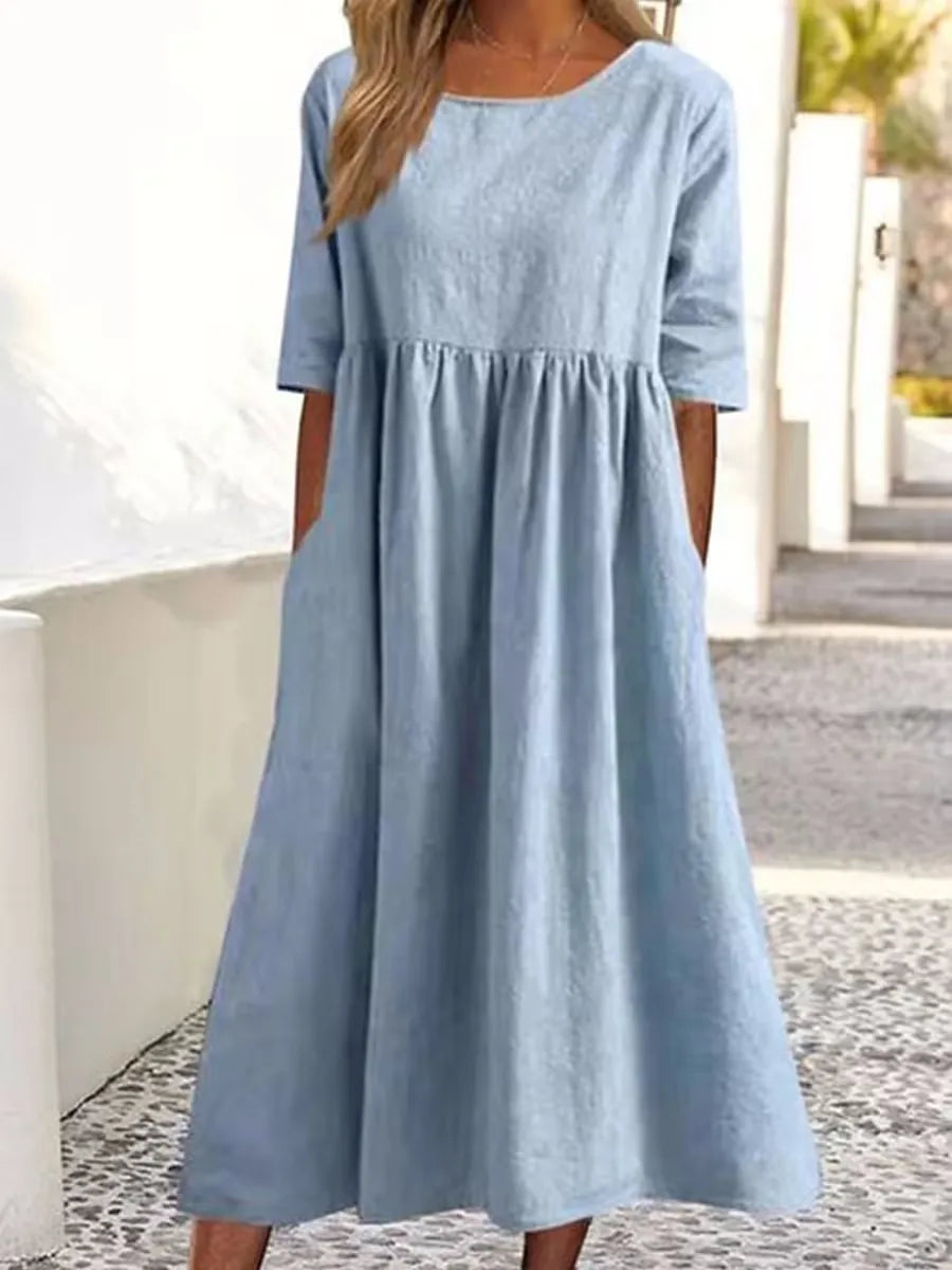 Vintage Linen Casual Half Sleeve Women Long Dress