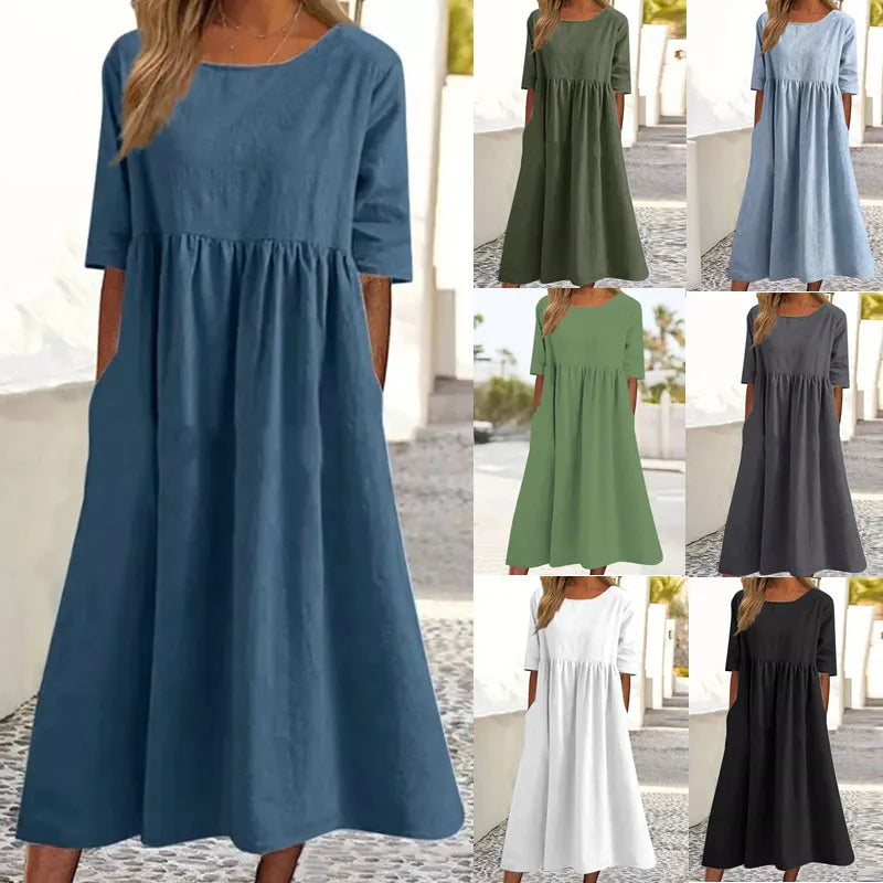 Vintage Linen Casual Half Sleeve Women Long Dress